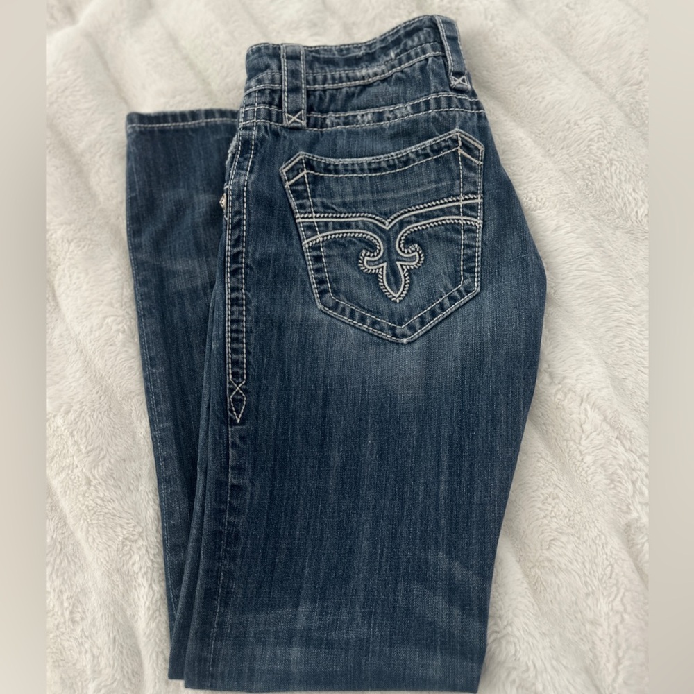 Rock Revival Men's Dark Blue Bootcut Jeans with Contrast Pocket Stitching